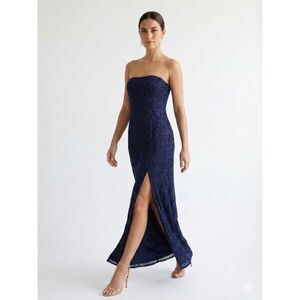 Vintage Black Silk Beaded Strapless Gown | Indigo Blue Art Deco Evening Dress |